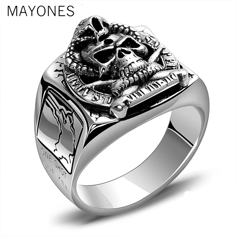 Punk Rock Skull Ring & US Army Soldier Sniper Ring Solid Real 925 Sterling Silver for Men Vintage Thai Silver Jewelry