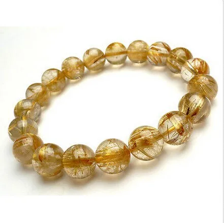 Natural Gold Rutilated Quartz Crystal Bracelet Round Beads 11 mm