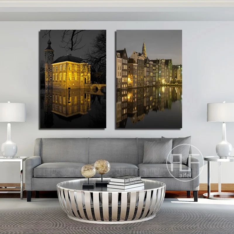 Abstract European Landscape Black And White Yellow Architectural Canvas Painting Nordic Decoration Home Art Posters And Prints