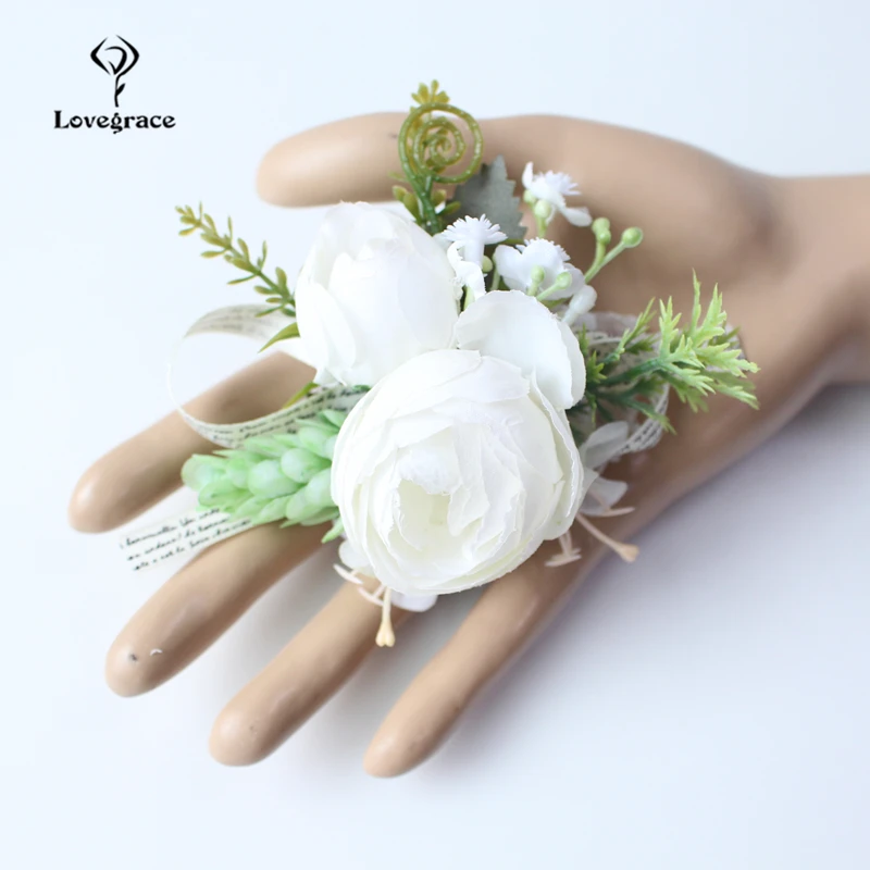 Lovegrace Buatan Tangan Mawar Putih Elastis Pergelangan Tangan Korsase Gelang Bunga Lapel untuk Saudara Pengiring Pengantin Pernikahan Aksesoris Perlengkapan