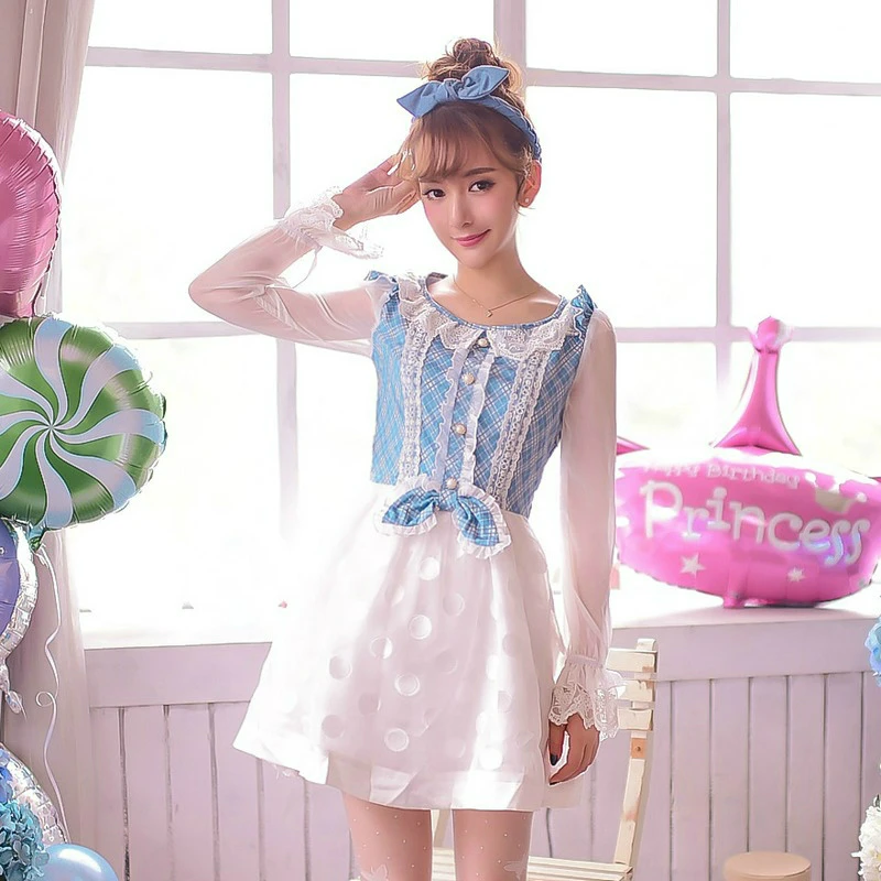 

Princess sweet lolita dress Candy rain Japanese style poka dot bow with lace cowboy patchwork Wave point organza dress C15CD5856