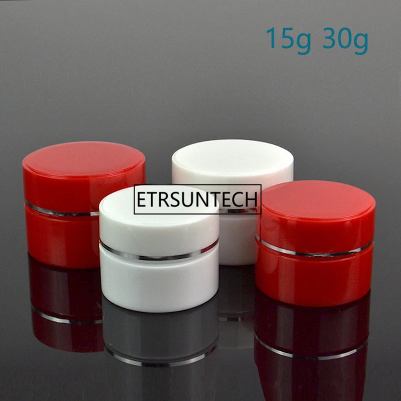 100pcs 15g 30g red and white cosmetic jar , silver side plastic cream jar Empty Skin Care Cream Container