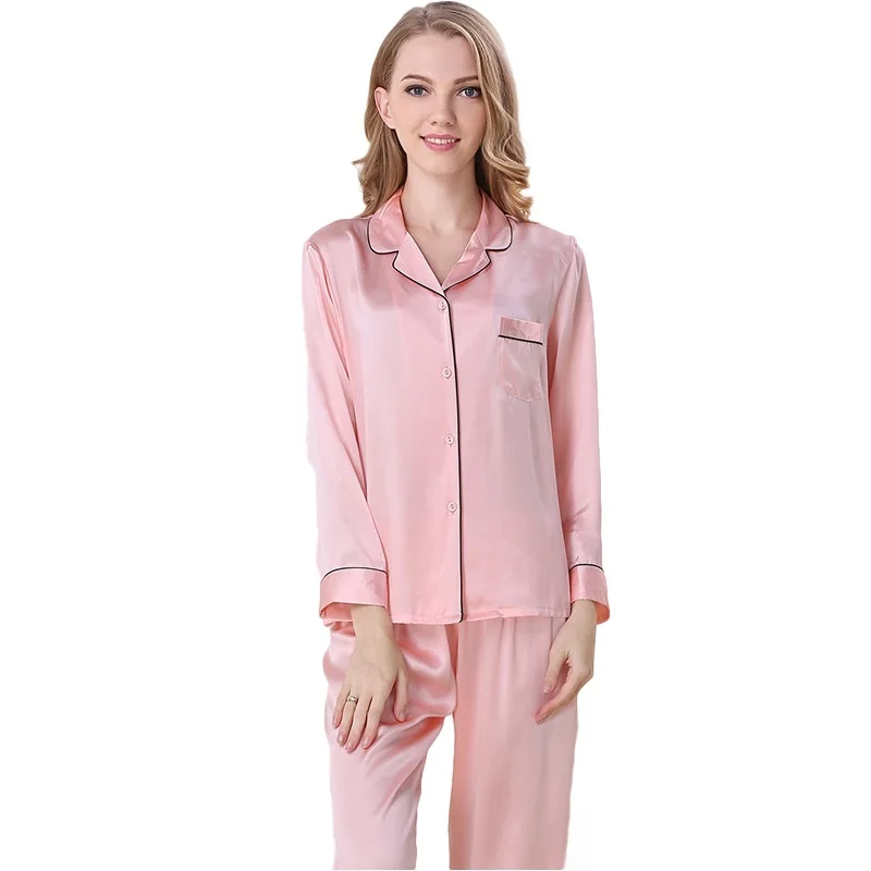 

Classic Silk Satin Women Pajama Sets Notch Collar Long Sleeves Top with Full-Length Pant Pajamas Pyjama sp0062