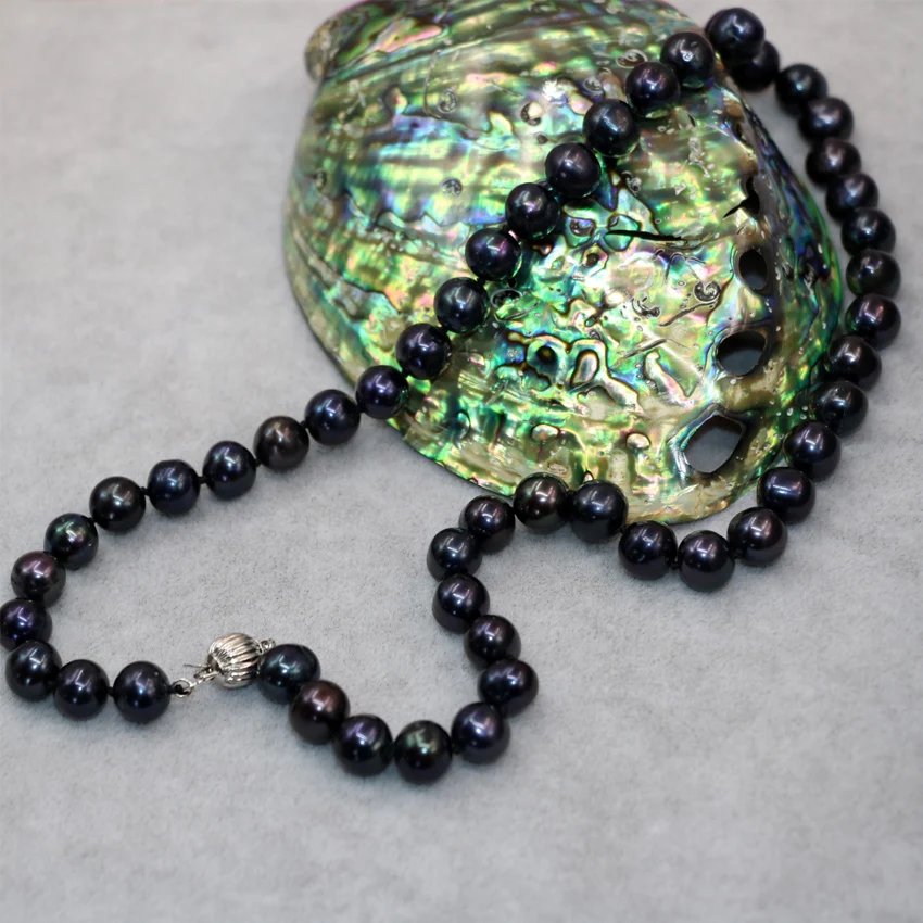 Wholesale price elegant 9-10mm natural freshwater cultured black pearl approx round beads necklace women jewelry B18inch B3021