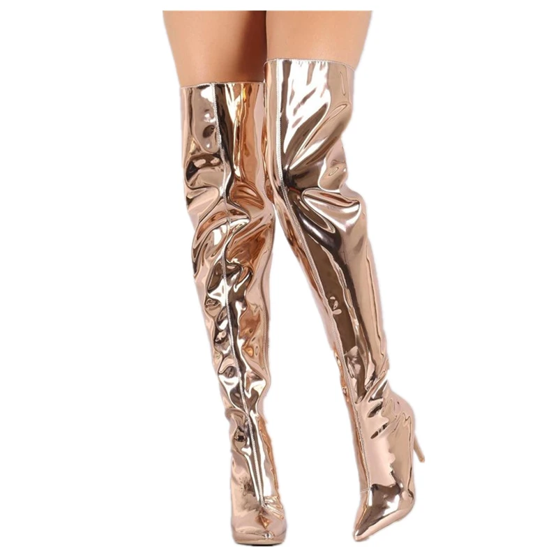 جديد أزياء المرأة فوق الركبة أحذية عالية الكعب الذهبي براءات الاختراع والجلود أشار تو أحذية السيدات مصمم الفخذ أحذية عالية النساء