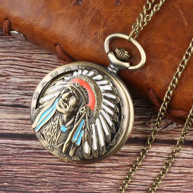 Nova moda antigo velho colorido retrato design quartzo fob bolso relógio de bronze pingente colar corrente lembrança colecionáveis