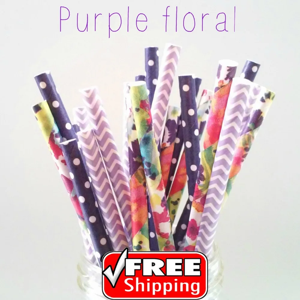 150 Pcs Mixed 3 Designs PURPLE FLORAL Themed Paper Straws-Lilac,Navy,Watercolor-Chevron,Dot,Floral Flower Colorful Tea Wedding