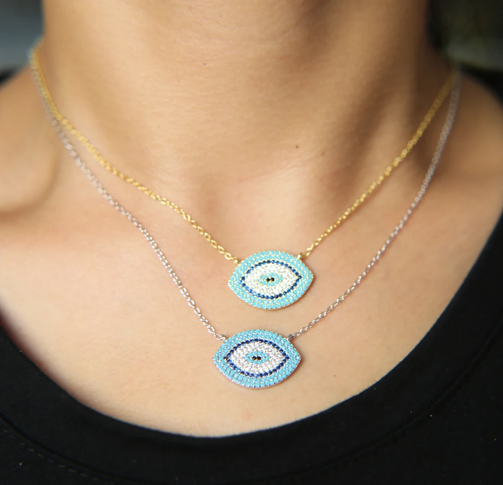 2018 European fashion style gold color blue eye silver necklace 925 sterling silver pendant for womens