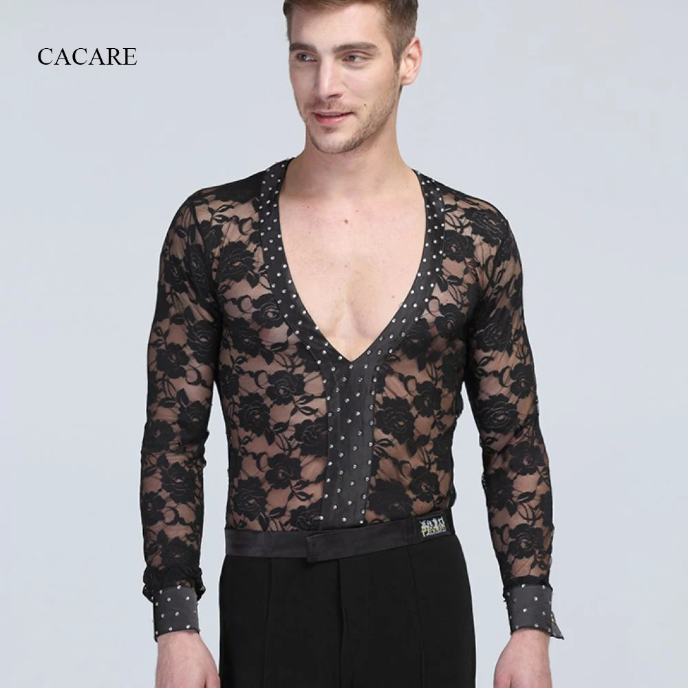 

Latin Dance Shirts Lace Jumpsuit Men Latina CHEAPEST CAD322 Adult Dance Top Shirt Romper Black Long Sleeve Rhinestones