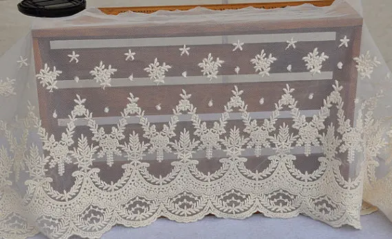 10 yards Floral Wedding Lace Fabric / Ivory Ecru Embroidery Bridal Lace Scallop Alter Accessories Vintage Luxury Style Wide Lace