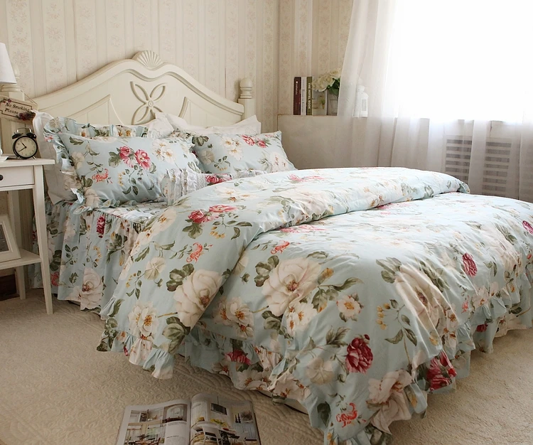 Pure Cotton RED Flower Printed Home Bed Set Twin-king size Blue Pastoral Duvet cover Bedsheet Pillow case Princess Bedding sets