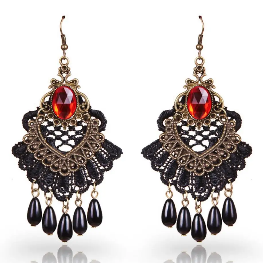 

Vintage Gothic Crystals and Pearls Drops Fan Shape Lace Eearring for Women