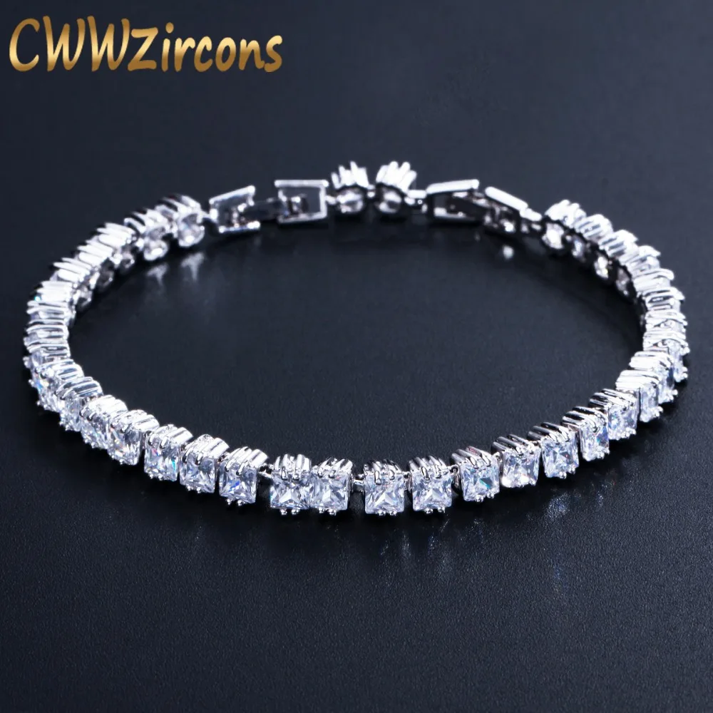 CWWZircons Princess Cut Sparkling Square Cubic Zircon Stones Luxury Women Tennis Bracelet High Quality CZ Jewelry CB059