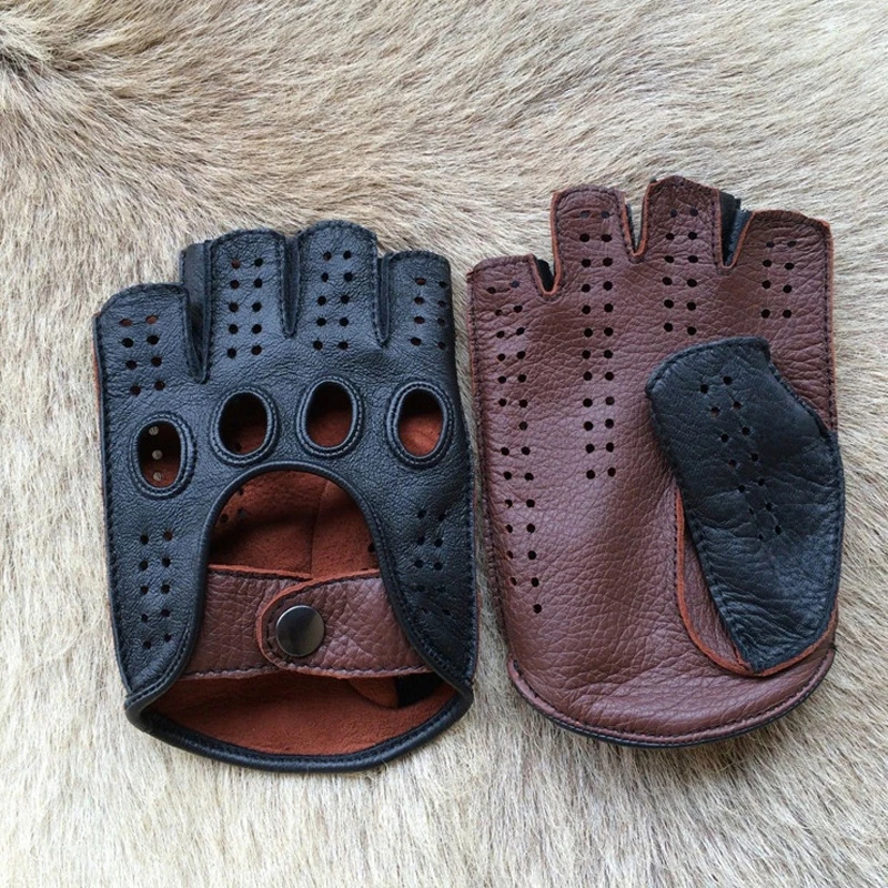 Gants demi-doigt en cuir véritable pour hommes, mitaines en peau de chèvre, gants de conduite respirants, mode masculine, haute qualité, nouveau,