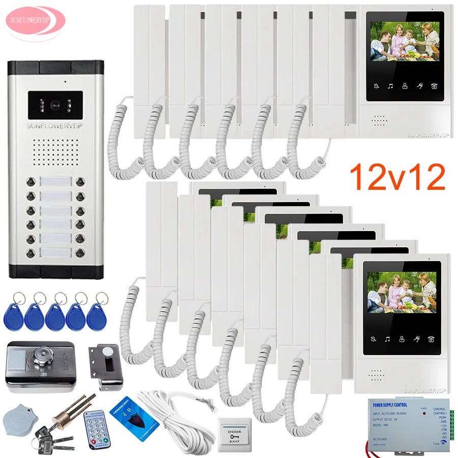 Videophone 12 Villas 4.3 '' Video Door Phone Set Video Call for The Entrance Door Video Phone House +Rfid Unlock Electronic Lock