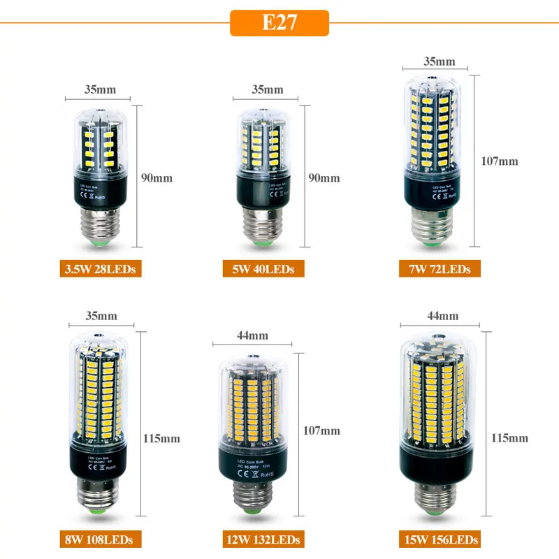 LED Bulb 5736 SMD More Bright 5730 LED Corn Lamp Bulb Light 3.5W 5W 7W 8W 12W 15W E27 E14 85V-265V No Flicker Cold/Warm White