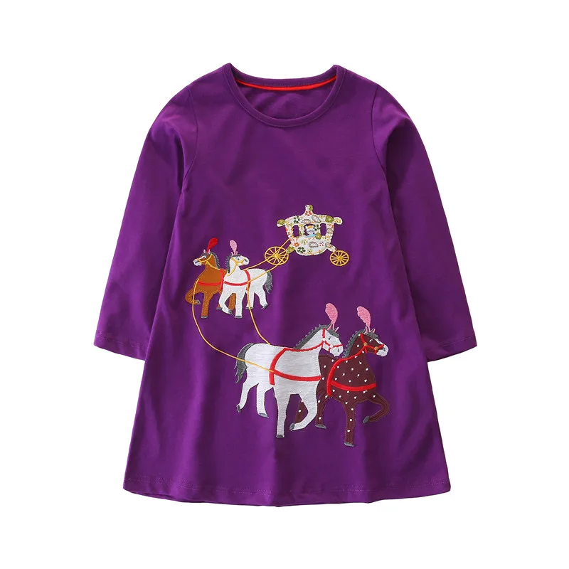 Jumping Meters Spring Applique Baby Clothing Dresses Royal Carriage Cotton Kids Autumn Dress Hot Selling Long Sleeve Frocks