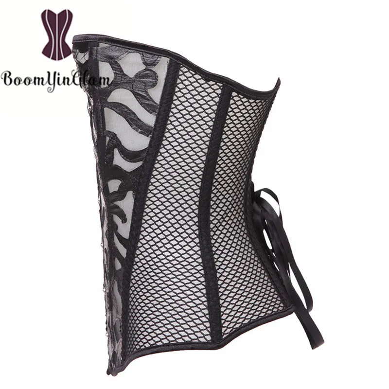 Wholesale White Hollow Out Sexy Corset Transparent Corselet Mesh Net Korsett With G String Plus Size S-XXXL 930#