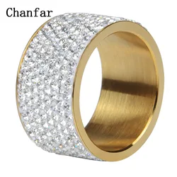 Chanfar 8 Lines Fashion Full Crystal Stone Gold Color Wedding Ring Finger Big Stainless Steel Rings Men Women Jewelry