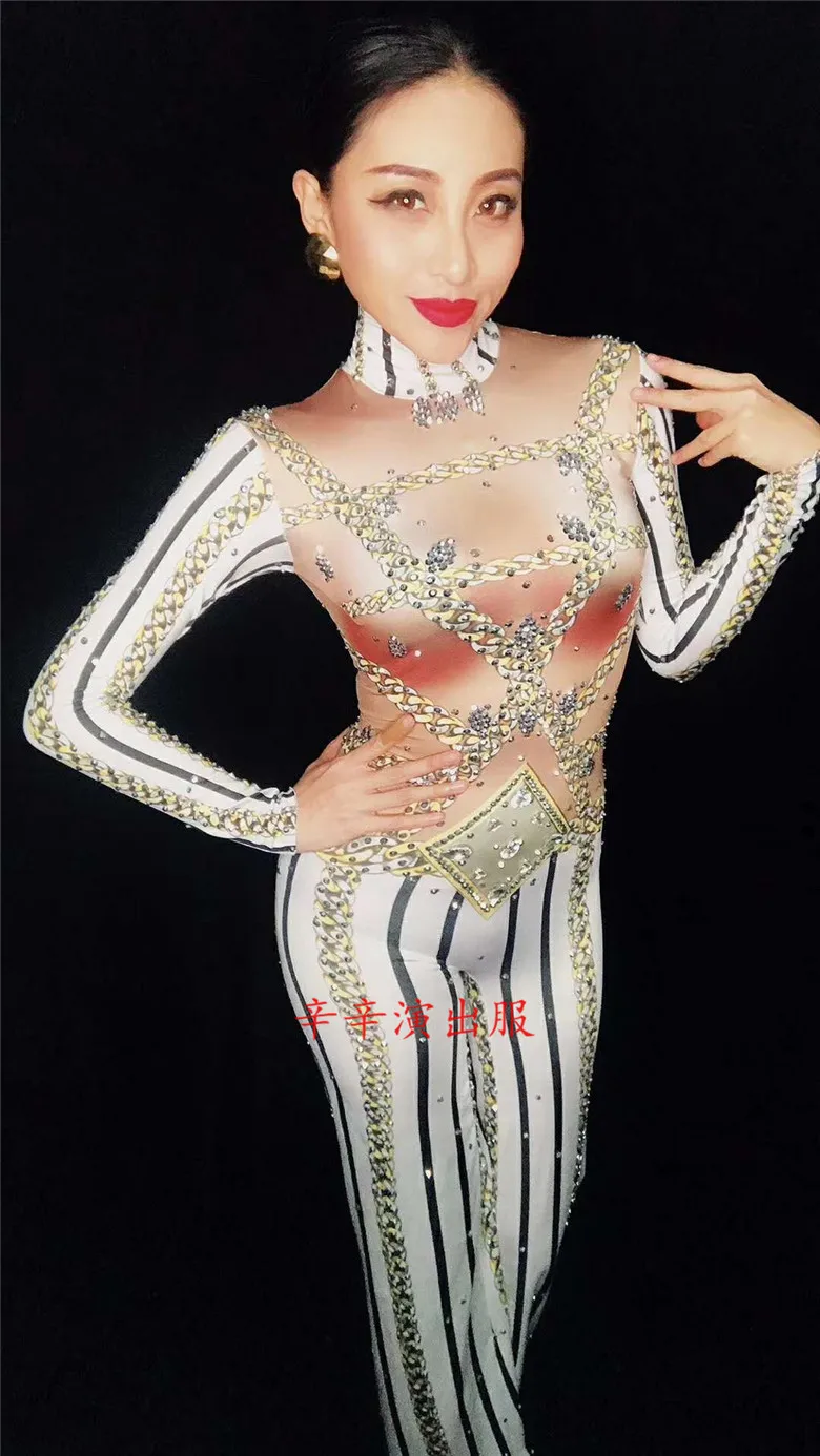 Berkilau Rhinestones Stripe Dicetak Jumpsuit Longgar Celana Penyanyi wanita Bodysuit Seksi Klub Malam perempuan Partai Tahap Tampilkan Pakaian