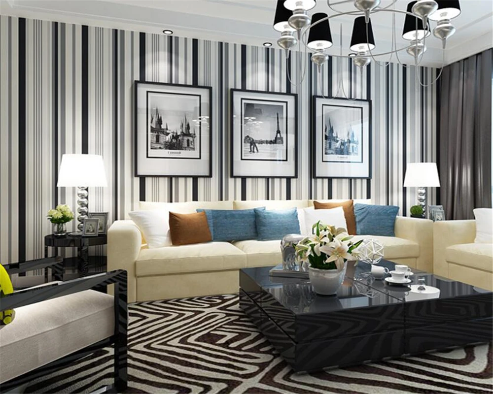 

Beibehang wallpaper for walls 3d Modern black white stripe mural bedroom sitting room dining-room stripe installs 3d wallpaper