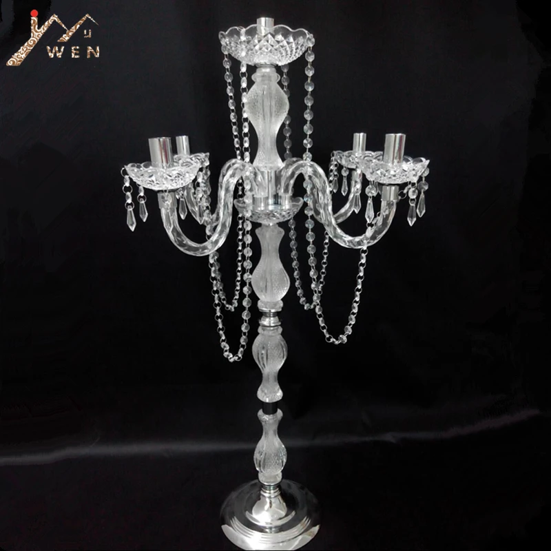 IMUWEN 10PCS 90CM Height Acrylic 5-arms Metal candelabras With Crystal Pendants Wedding Candle Holder Centerpiece Party Decor