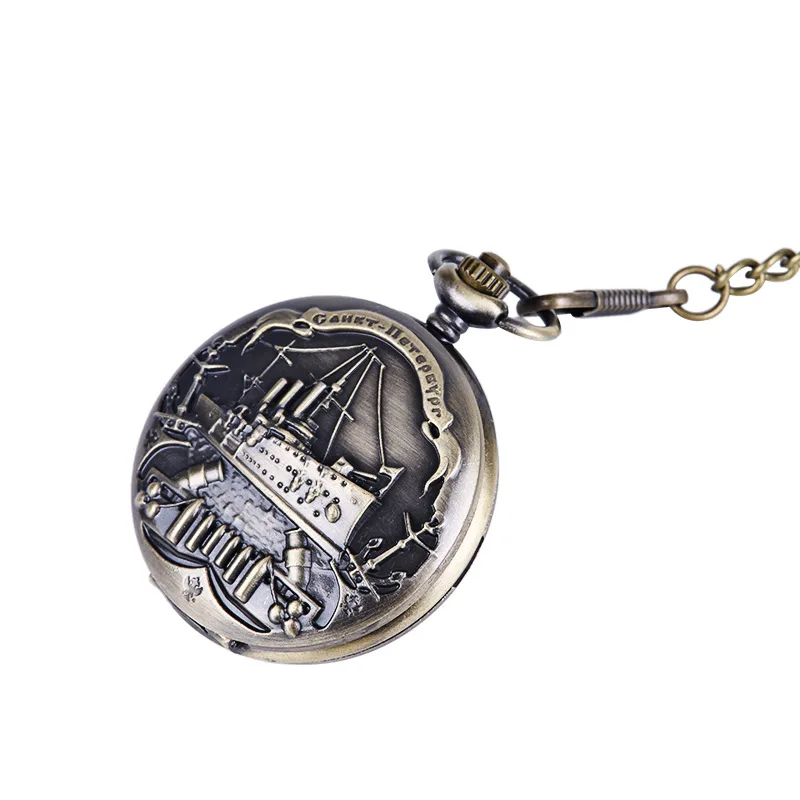 9063 Large bronze embossed cruise ship pocket watch European and American style pirate ship retro thick chain pocket watch