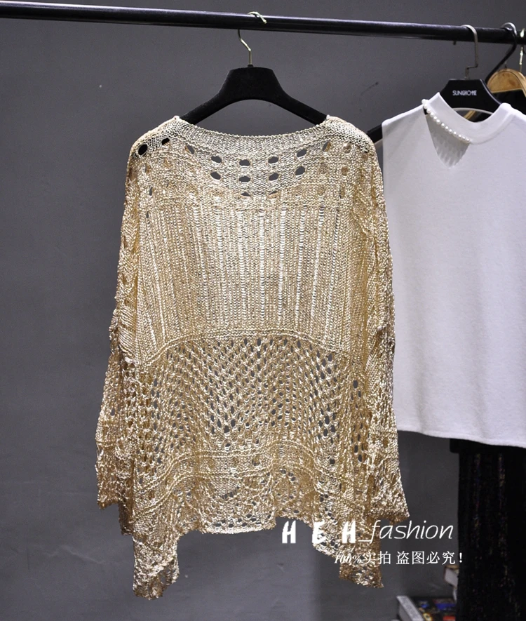 Cakucool Gold Lurex Summer Blouse Shirt Long Batwing Sleeve O-neck Hollow Out Knit Top Loose Bohemian Design Large Shirts Blusa