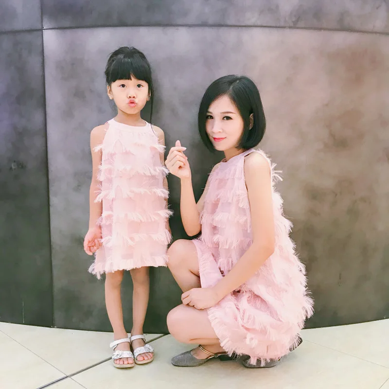 Mom and Daughter Dresses Wedding Sleeveless Dress Summer Mother and Daughter Clothes Birthday Party Matching Outfits Pink White