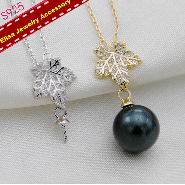 Leaf Design Pearl Pendant Necklace Findings S925 Sterling Silver Pendant Chain Accessory Silver&Gold Color 3Pieces/Lot