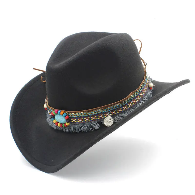 Mistdawn Fashion Women Men Wool Blend Wide Brim Western Cowboy Hat Cowgirl Caps Jazz Cap Bohemia Tassel Ribbon Band Size 56-58cm