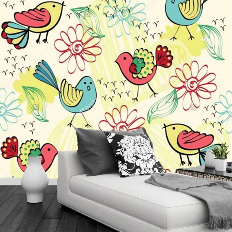 Lovely cartoon mural ,various colors flowers and birds wallpaper,living room sofa TV wall kids room 3d wallpaper papel de parede