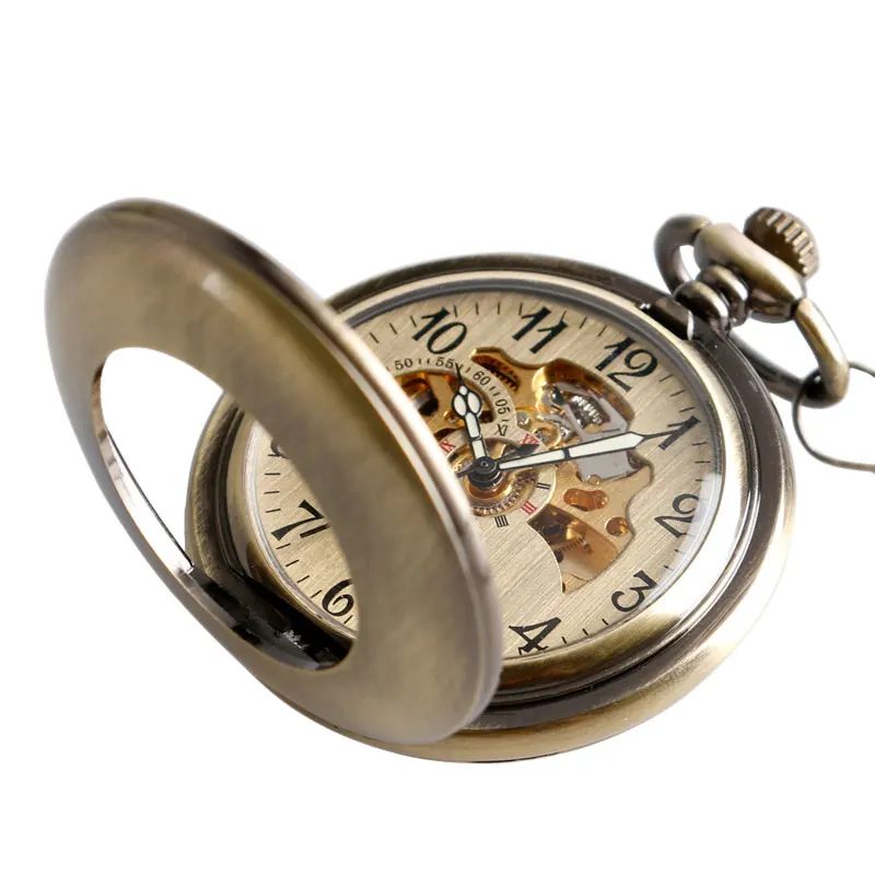 New Retro Bronze Smooth Hollow Case Skeleton Dial Self-wind Mechanical Pocket Watches Vintage Steampunk Fob Watch with Chain