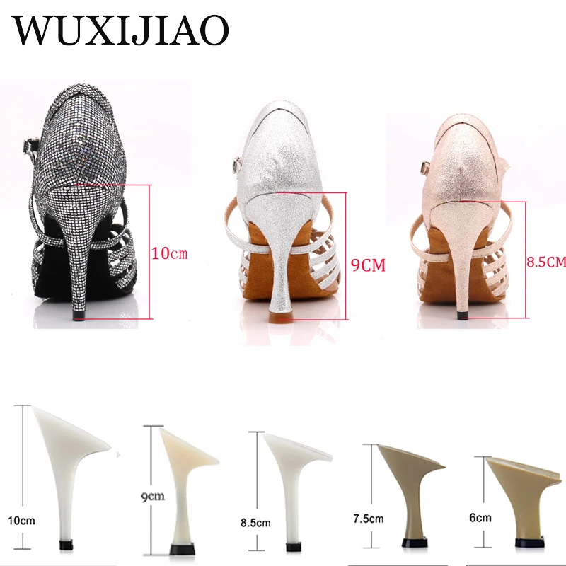 WUXIJIAO Women Party Dance Shoes  Satin Shining rhinestones Soft Bottom Latin Dance Shoes Woman Salsa Dance Shoes heel5CM-10CM