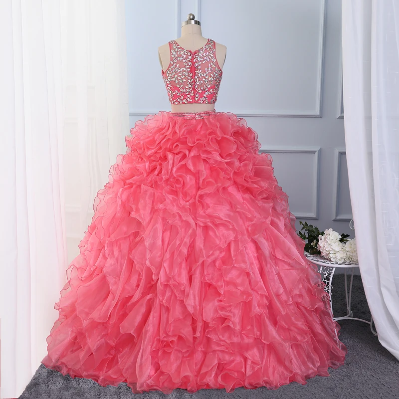 CloverBridal Puffy Ball Gown Crystals Stones Beaded Two Pieces Coral Quinceanera Dresses 15 Years Girls Birthday Party WQ9885