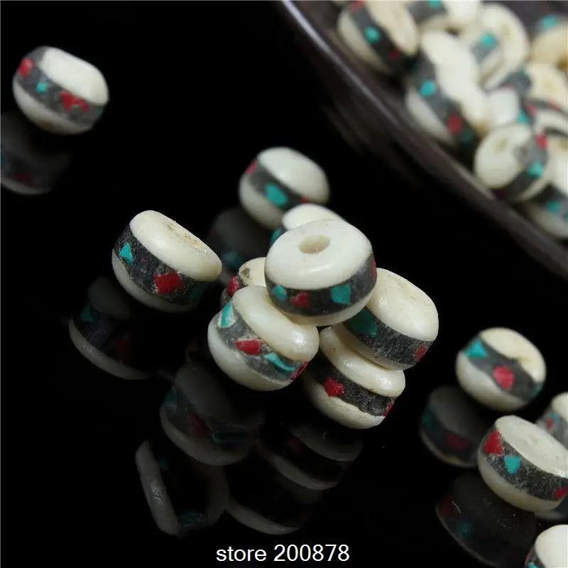 50PCS Tibetan Jewelry Hand Beads White Yak Bone inlaid Colorful stone Beads 8/10mm Tibet Prayer Mala Loose beads TSB0331 