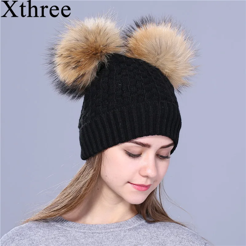 

Xthree winter hat for women knitting beanies natural fur double pom poms Skullies girls hat feminino cap