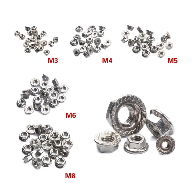 20Pcs 304 Stainless Steel Hexagon Flange Nuts Set Lock Nut Sets Threaded Nuts Fastening Hardware Accessories Nut Kit M3/4/5/6/8