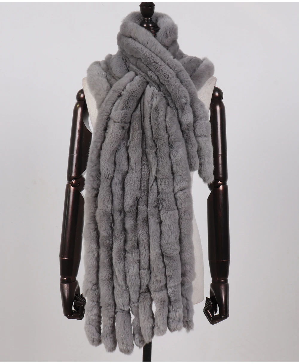 Neuer langer Schal aus echtem Rex-Kaninchenfell für Damen, warm, weich, hochwertig, modischer Rex-Kaninchenfell-Schal mit Quasten. – Detail 11
