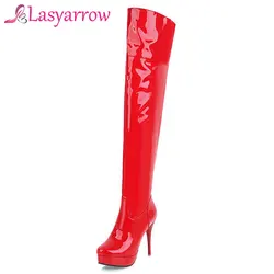 Lasyarrow Woman Patent Leather Platform Thin High Heel Over The Knee Boots Sexy Round Toe Zipper Winter Thigh Boots Black White