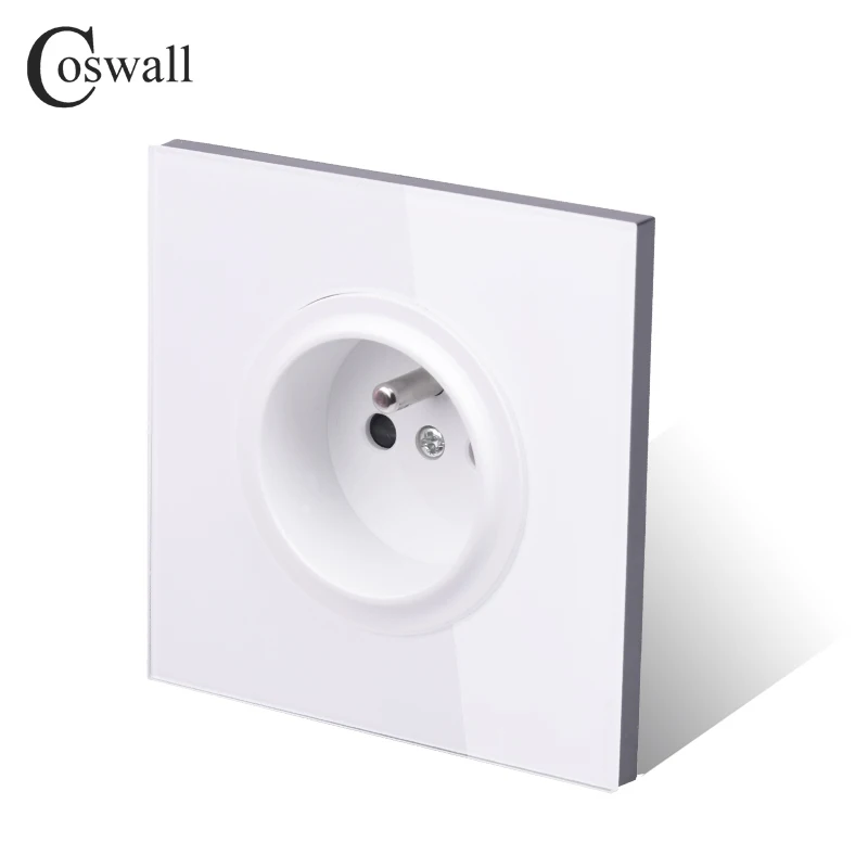 Coswall Full Glass Panel 16A French Polish Wall Power Socket Grounded With Child Protective Lock R11 Series White Black Gray