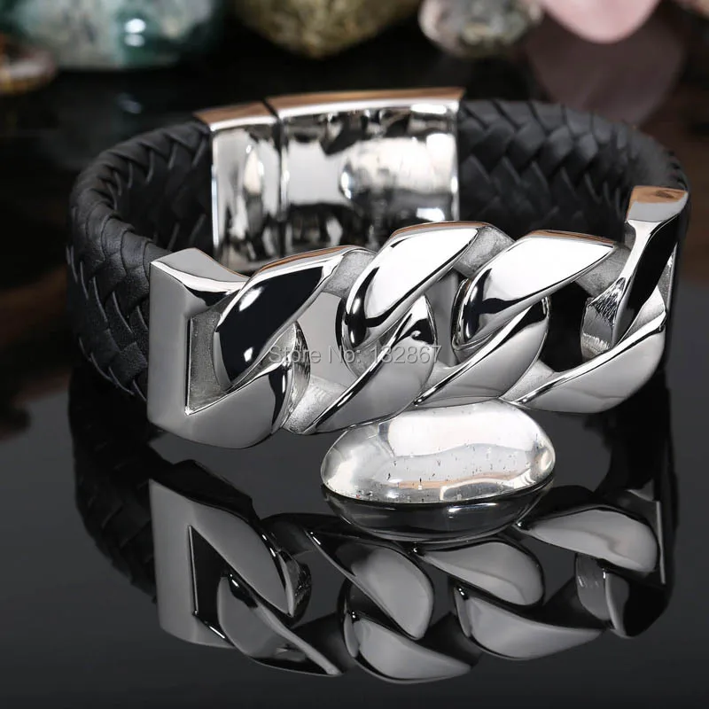 High Quality Jewelry 110g Heavy Genuine Black Leather 316L Stainless Steel Mens Curb Bracelet 9''