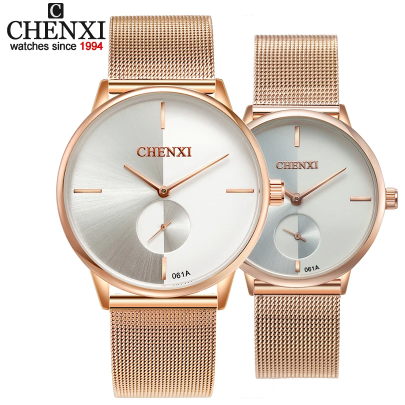 Chenxi marca nova moda casal relógios de pulso à prova dwaterproof água relógio masculino amante rosa ouro feminino vestido relógios senhoras relógio quartzo presente