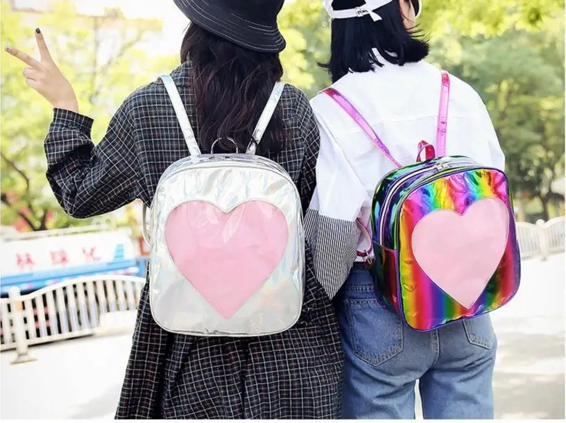 

1 piece transparent heart shape PVC Silver Hologram Laser Backpack leather Holographic Backpack Multicolor schoolbag