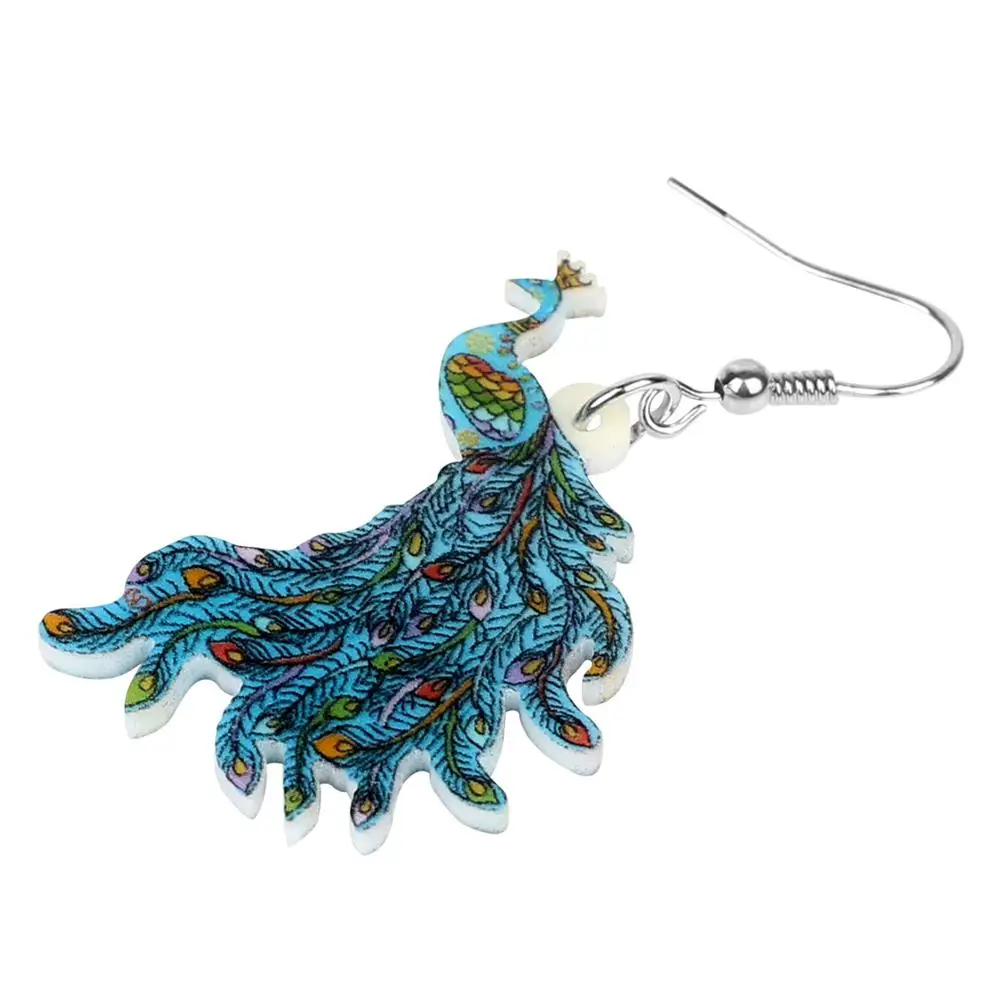 Bonsny Acrylic Fashion Blue Peacock Earrings Dangle Drop Unique Cute Bird Jewelry For Women Girls Lovers Charms Gift Decoration