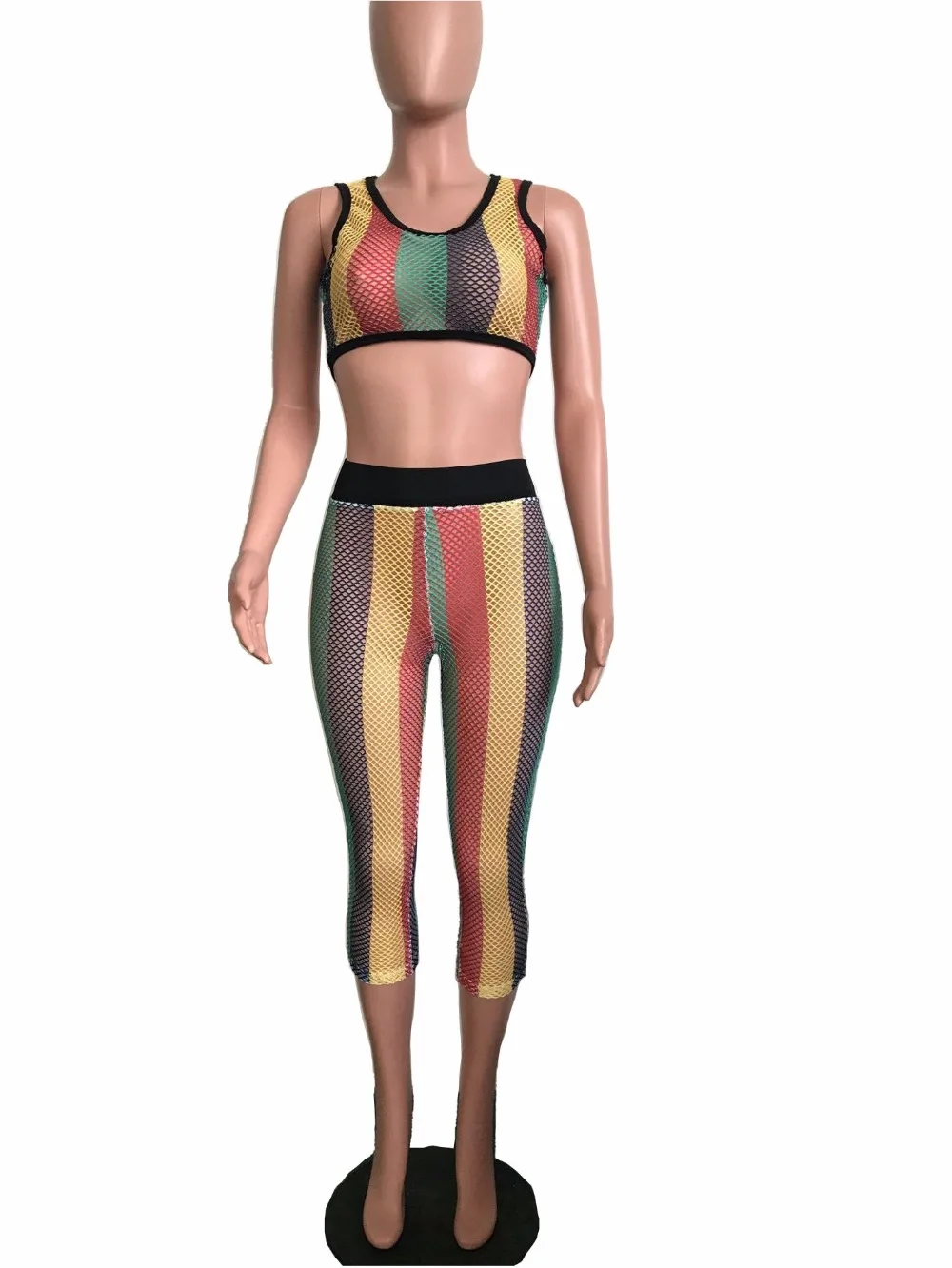 BKLD 2024 Summer Beach Sheer Mesh Two Piece Set Women Sexy Colorful Striped Sleeveless Crop Tops And Pants Sets Bodycon Clubwear