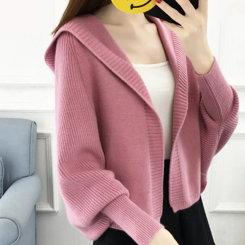 

Women Hooded Knitted Cardigan Autumn Winter 2022 Casual V-Neck Batwing Sleeve Knit Sweater Poncho Coat Female Tops sweter mujer