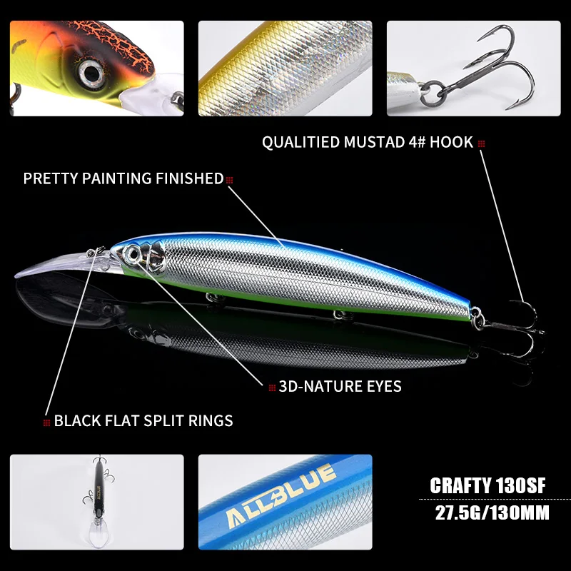 Isca de pesca allblue crafty 130sf, isca de pesca de 130mm, 27.5g, flutuante lento, longconta, lúcio, plástico, isca de pesca