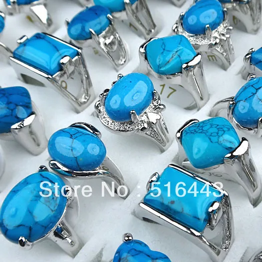 

Hot Sale 30pcs Mix Style Blue Turquoise Charms Vintage Women Mens Rings Wholesale Jewelry Lots A-025