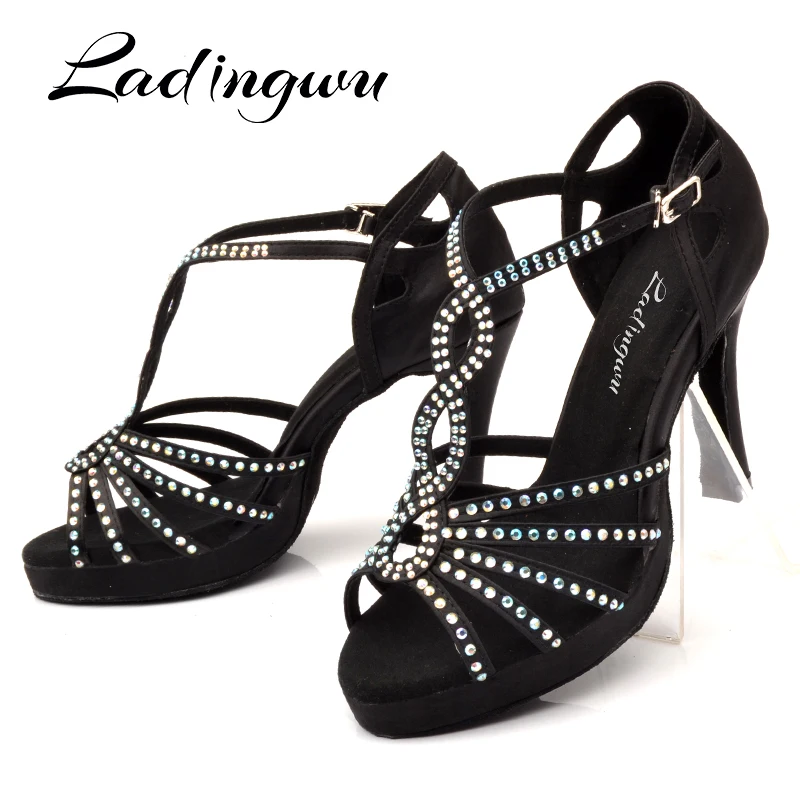 Ladingwu Hot Dance Shoes Latin Women Bronze Black Silk Satin Sanba Salsa Dance Shoes Platform Ballroom Dancing Shoes Woman Ladys